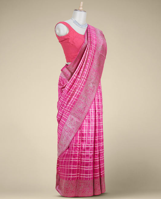 Pink checked design dupion silk saree, traditional zari border