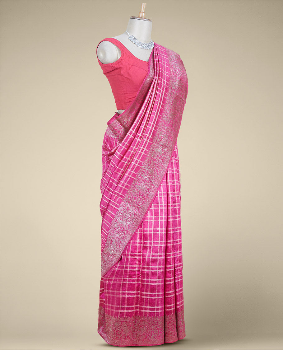 Pink checked design dupion silk saree, traditional zari border