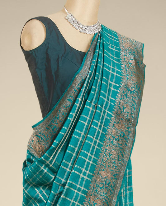 Green checked design dupion silk saree, traditional zari border
