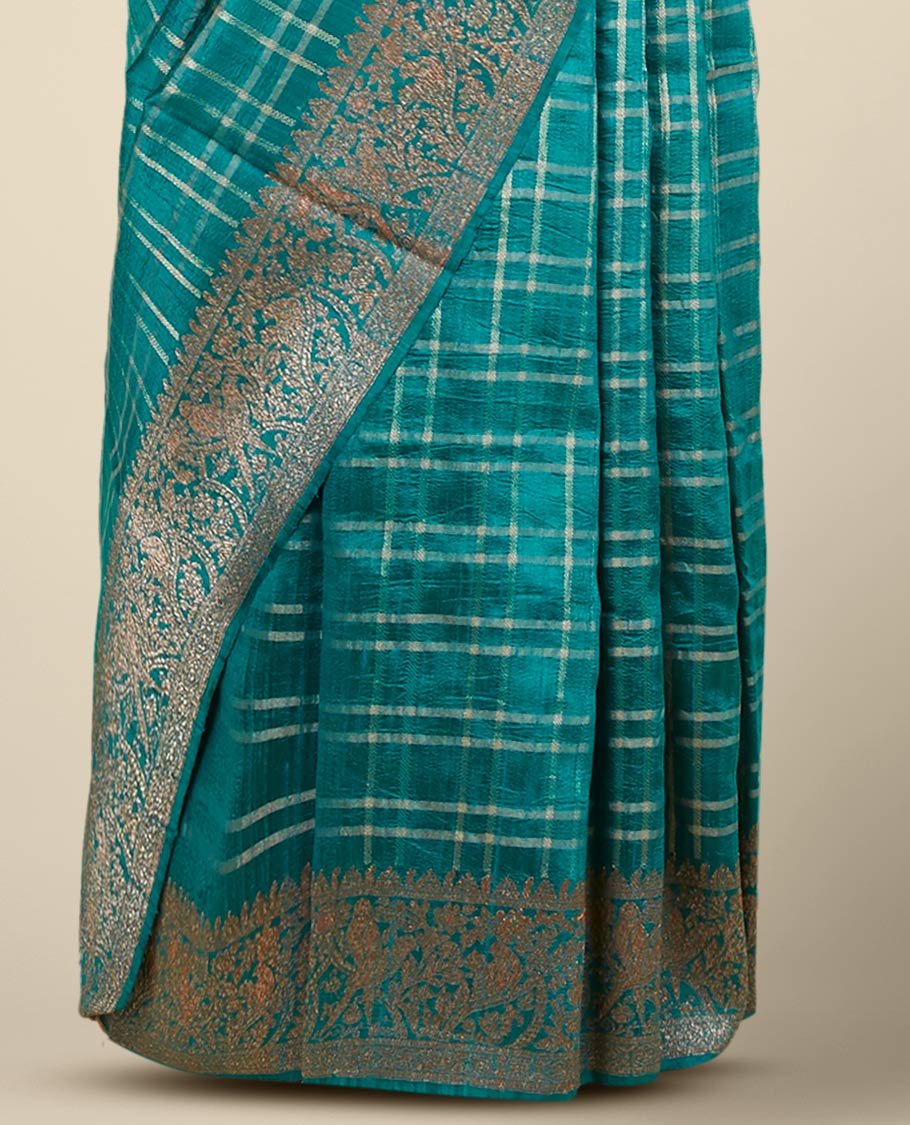 Green checked design dupion silk saree, traditional zari border