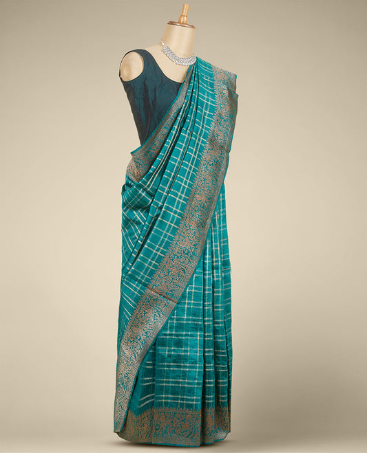 Green checked design dupion silk saree, traditional zari border