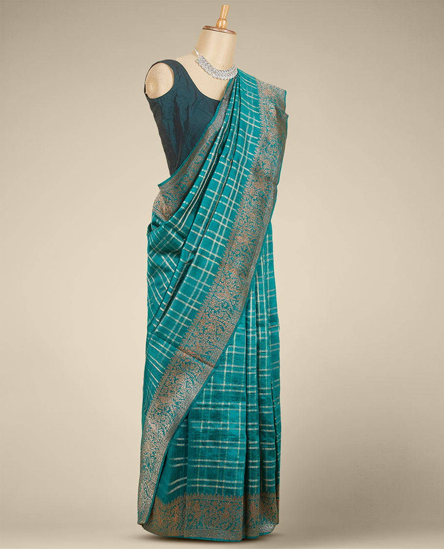 Green checked design dupion silk saree, traditional zari border