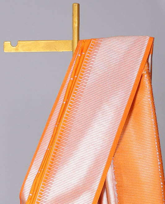 Orange Semi Banaras dola silk saree with buttas, zari-rich traditional temple border and pallu