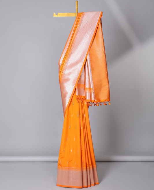 Orange Semi Banaras dola silk saree with buttas, zari-rich traditional temple border and pallu