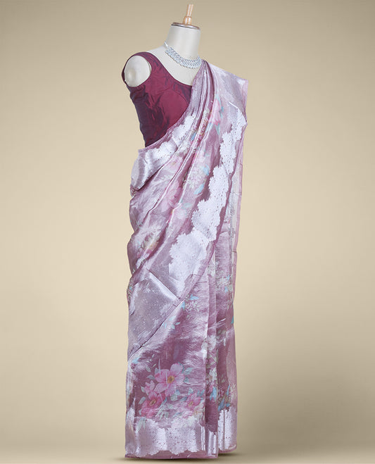 Pale purple colorful floral printed tissue silk saree, zari border steeped with floral designs