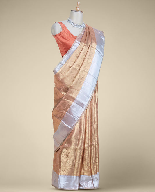 Bronze paisley jacquard design tissue silk saree, traditional zari design border