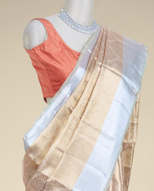 Golden color paisley jacquard design tissue silk saree, traditional zari design border