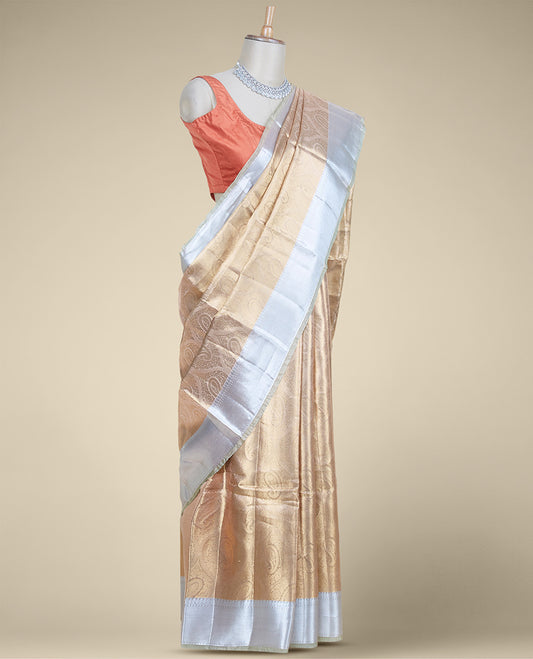 Golden color paisley jacquard design tissue silk saree, traditional zari design border