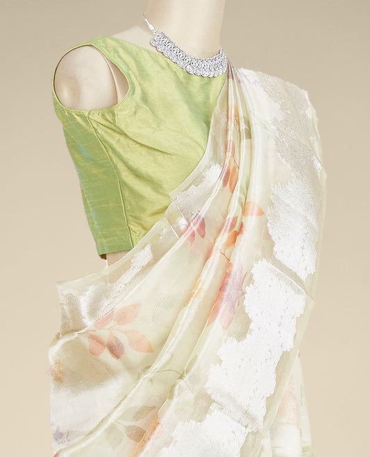 Green colorful floral printed tissue silk saree, zari border steeped with floral designs