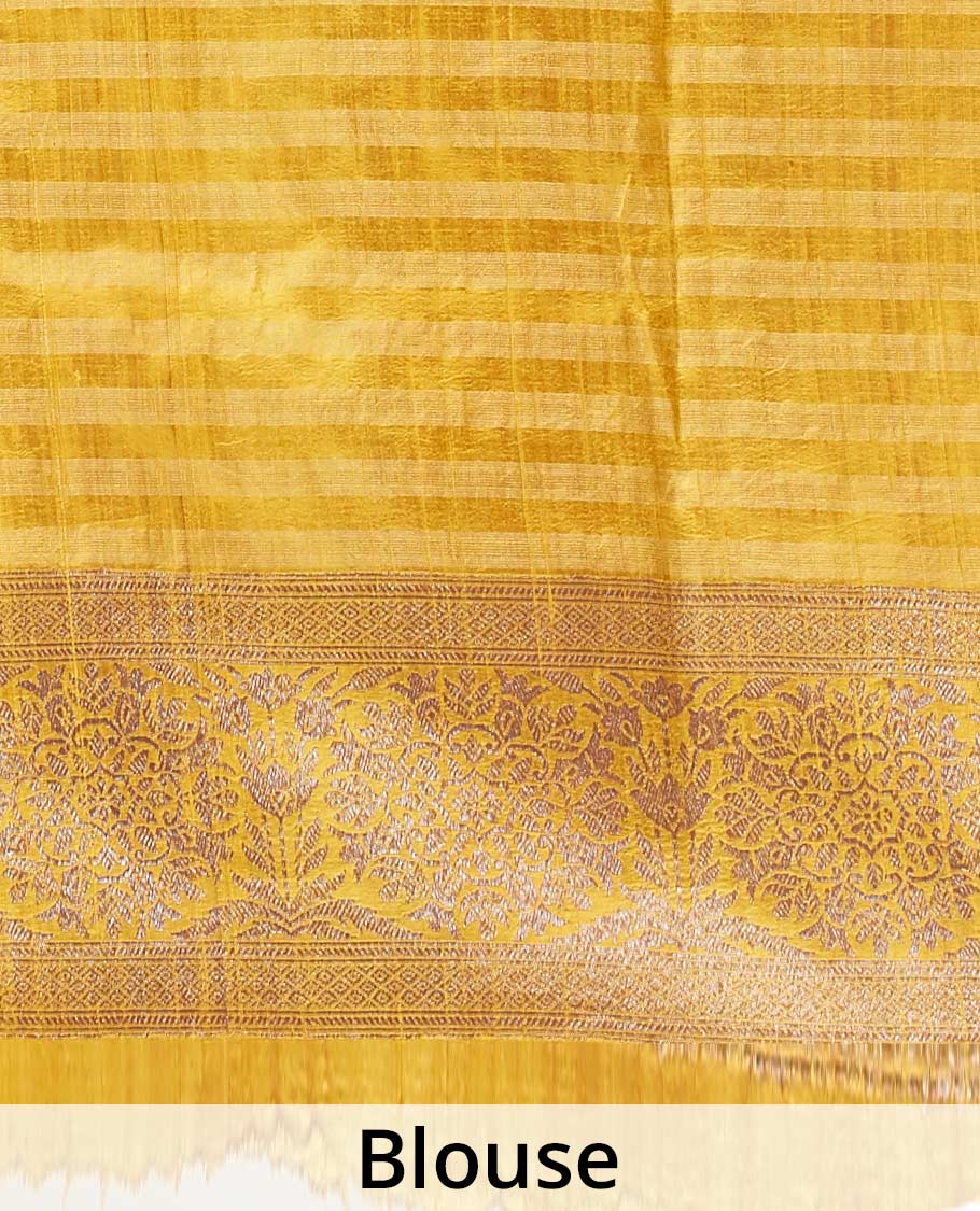 Yellow striped dupion silk saree with zari buttas, zari border of floral designs