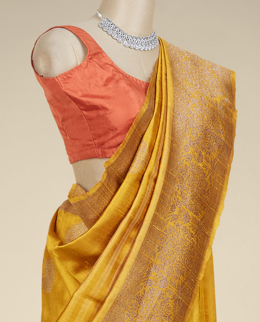 Yellow striped dupion silk saree with zari buttas, zari border of floral designs