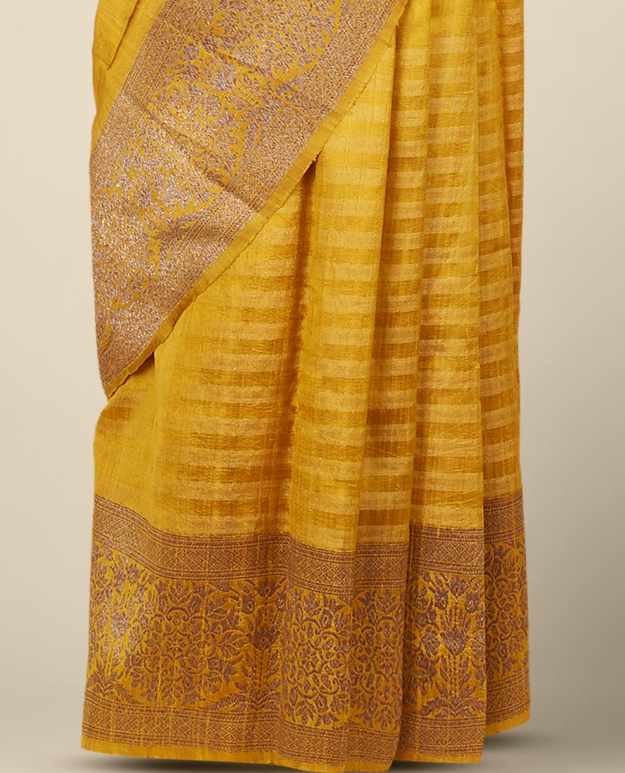 Yellow striped dupion silk saree with zari buttas, zari border of floral designs