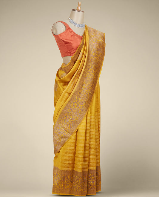 Yellow striped dupion silk saree with zari buttas, zari border of floral designs