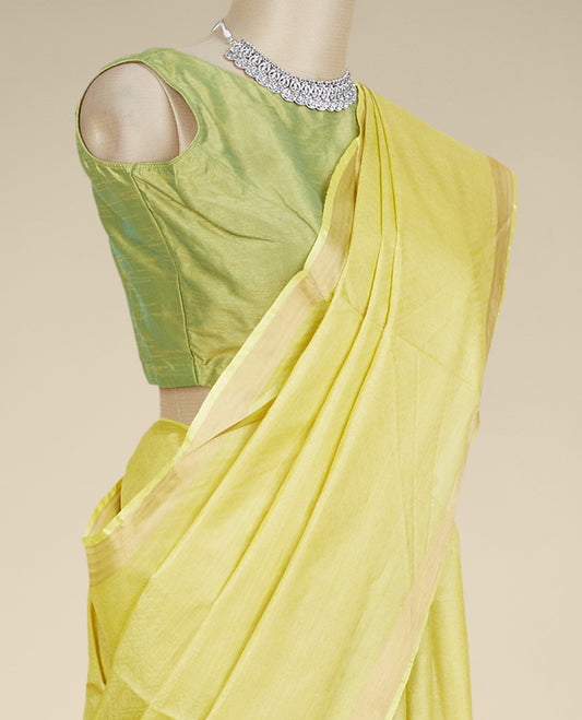 Green chevron design tusser silk saree, plain border
