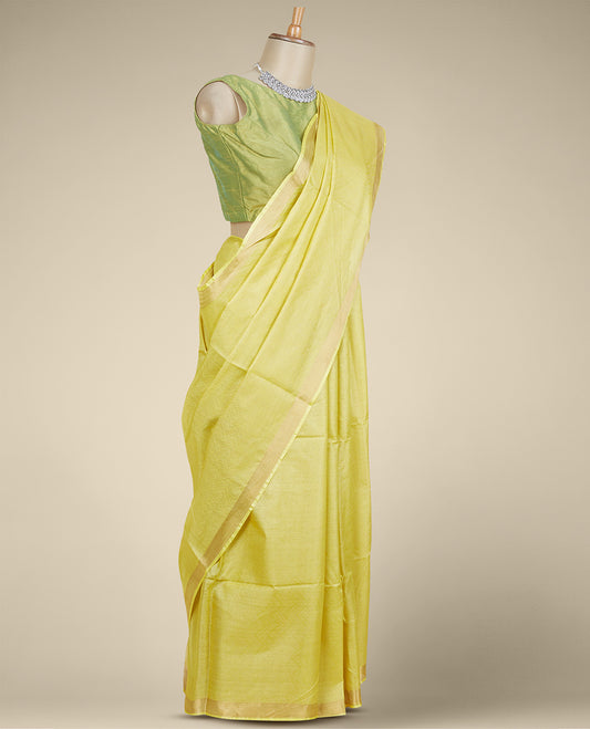 Green chevron design tusser silk saree, plain border