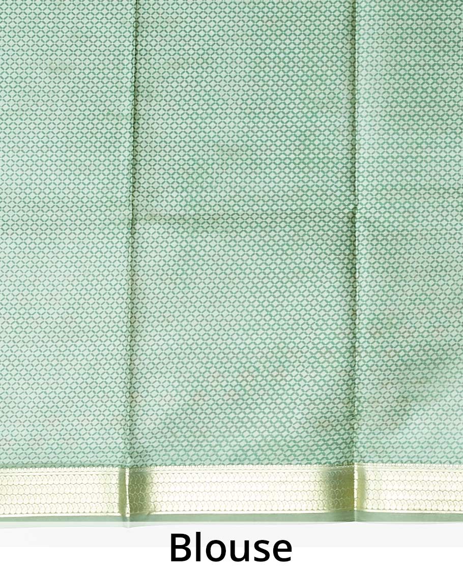 Green floral motifs printed silk saree, contrast zari border steeped with paisley designs