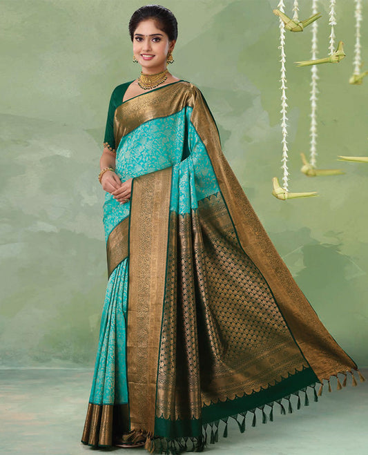 Blue jacquard Kanchipuram wedding silk saree, contrast intricately designed pallu & border of traditional zari designs