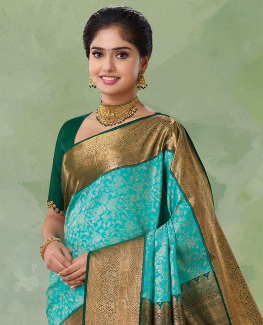 Blue jacquard Kanchipuram wedding silk saree, contrast intricately designed pallu & border of traditional zari designs