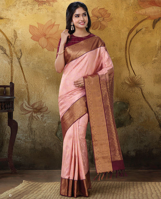 Pink jacquard Kanchipuram wedding silk saree, contrast jaal pallu & border of traditional zari designs