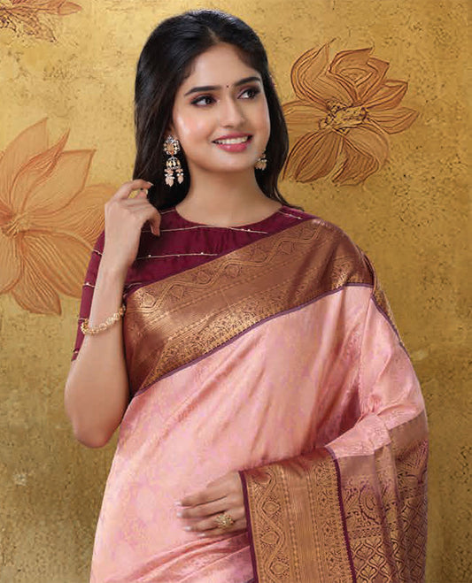 Pink jacquard Kanchipuram wedding silk saree, contrast jaal pallu & border of traditional zari designs