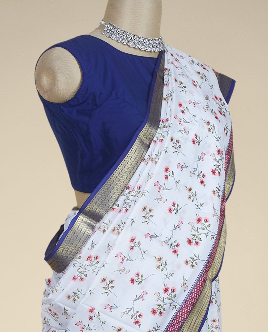 Multi Colour floral motifs printed silk saree with chevron stripes, contrast paisley design border