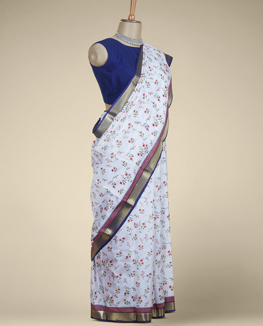 Multi Colour floral motifs printed silk saree with chevron stripes, contrast paisley design border