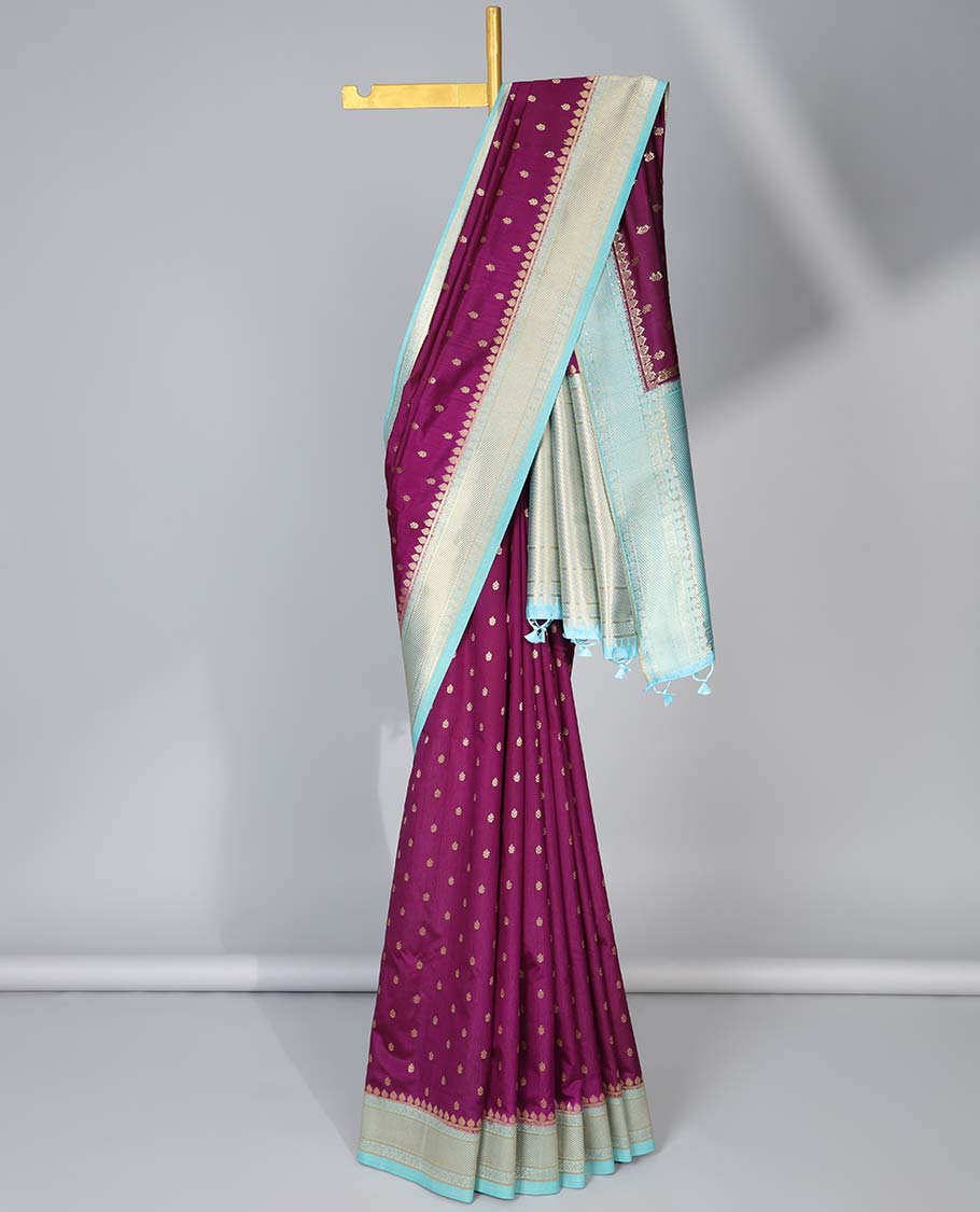 Purple zari buttas semi-banaras dola silk saree, contrast traditional border & pallu of stripes