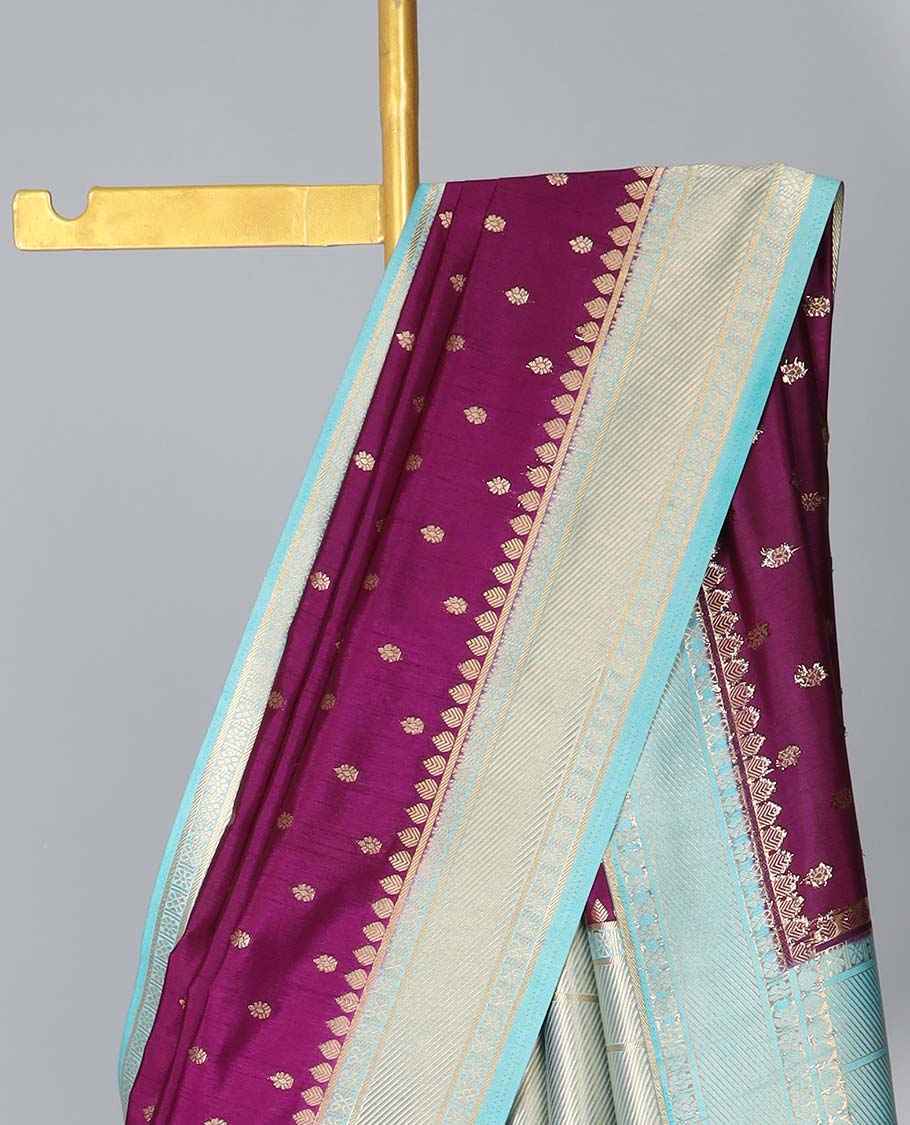 Purple zari buttas semi-banaras dola silk saree, contrast traditional border & pallu of stripes