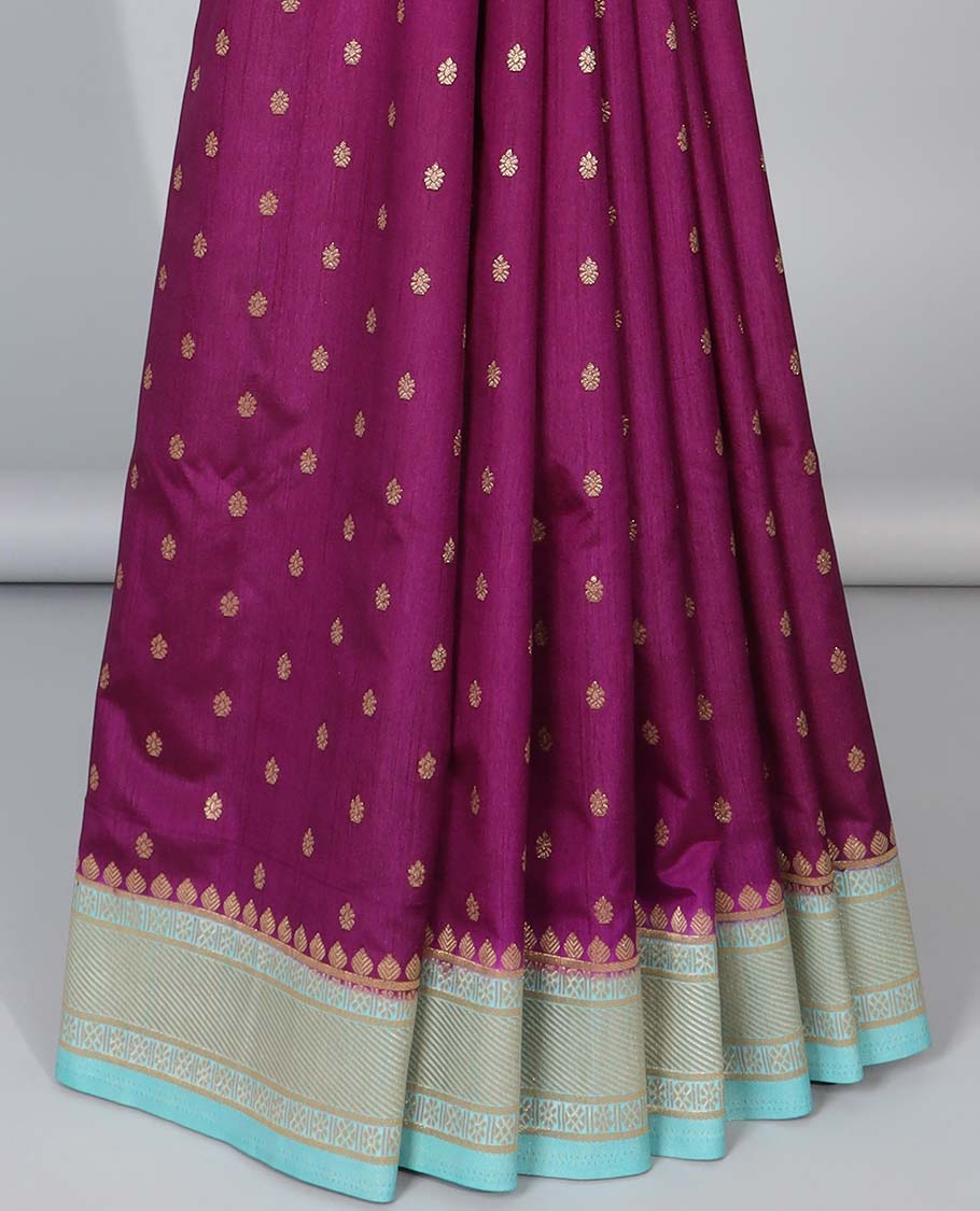 Purple zari buttas semi-banaras dola silk saree, contrast traditional border & pallu of stripes