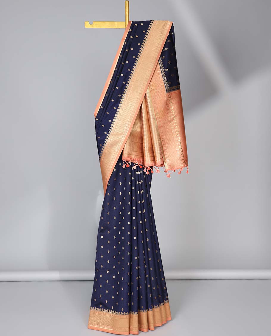 Blue zari buttas semi-banaras dola silk saree, contrast traditional border & pallu of stripes