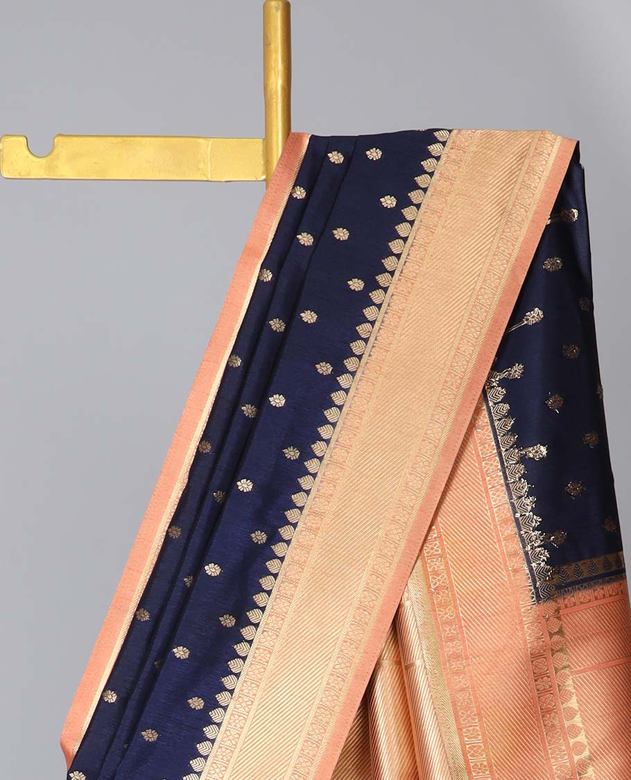 Blue zari buttas semi-banaras dola silk saree, contrast traditional border & pallu of stripes