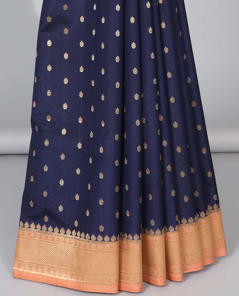 Blue zari buttas semi-banaras dola silk saree, contrast traditional border & pallu of stripes