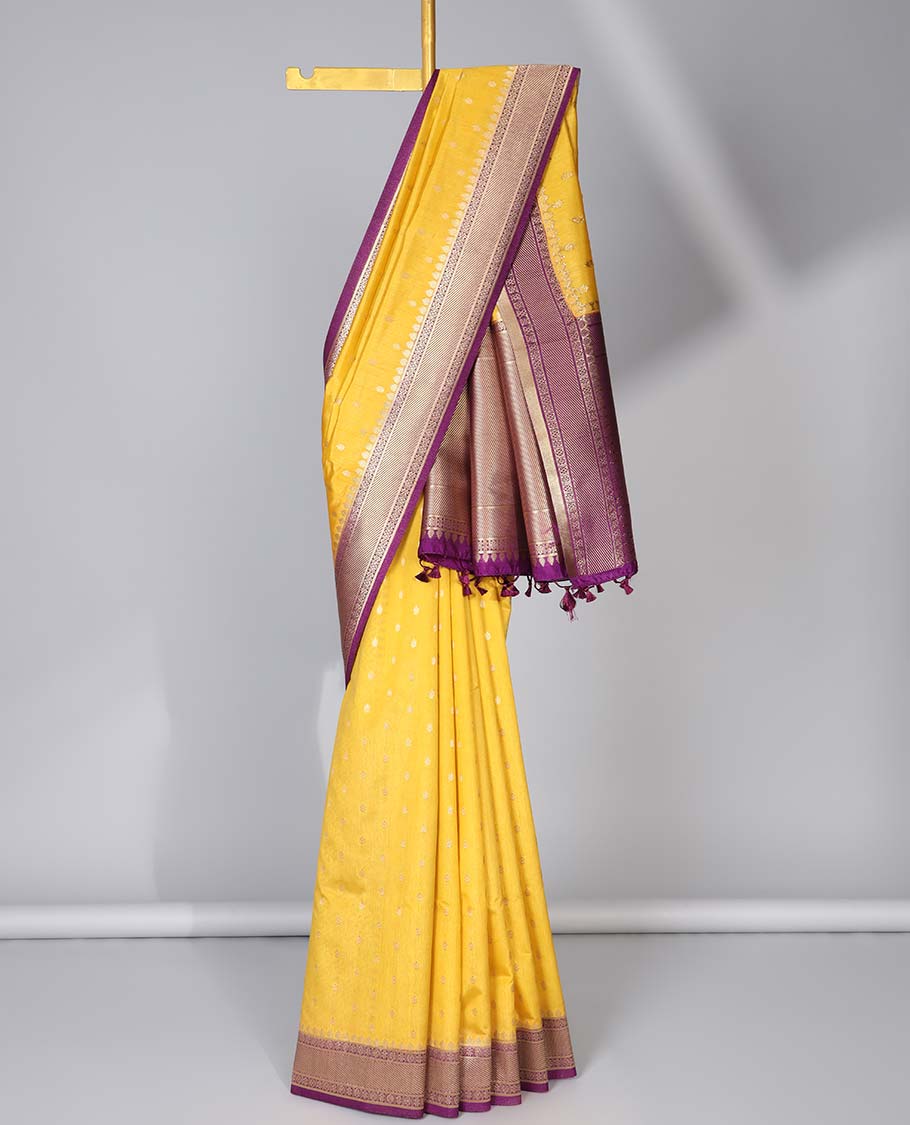 Yellow zari buttas semi-banaras dola silk saree, contrast traditional border & pallu of stripes