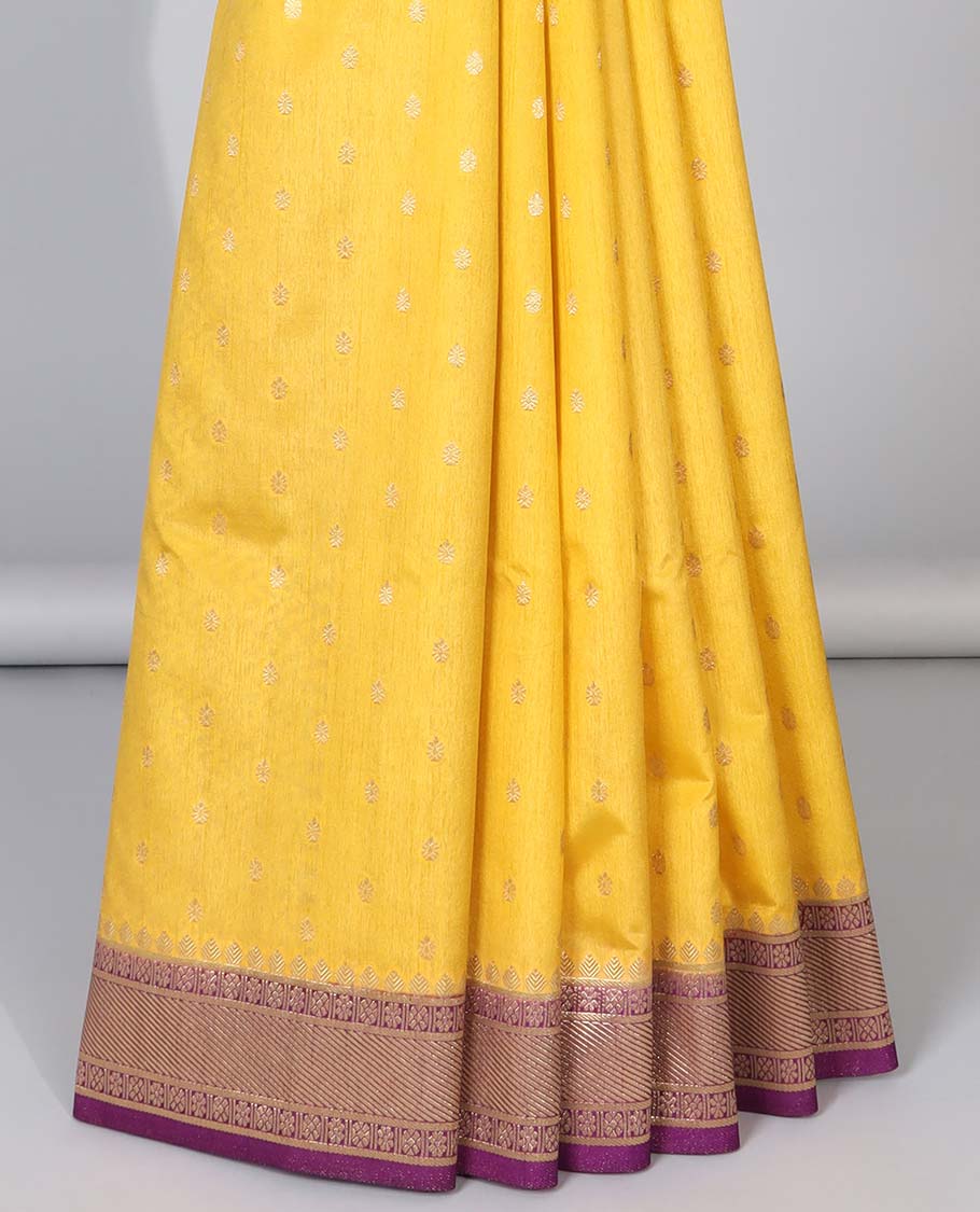 Yellow zari buttas semi-banaras dola silk saree, contrast traditional border & pallu of stripes