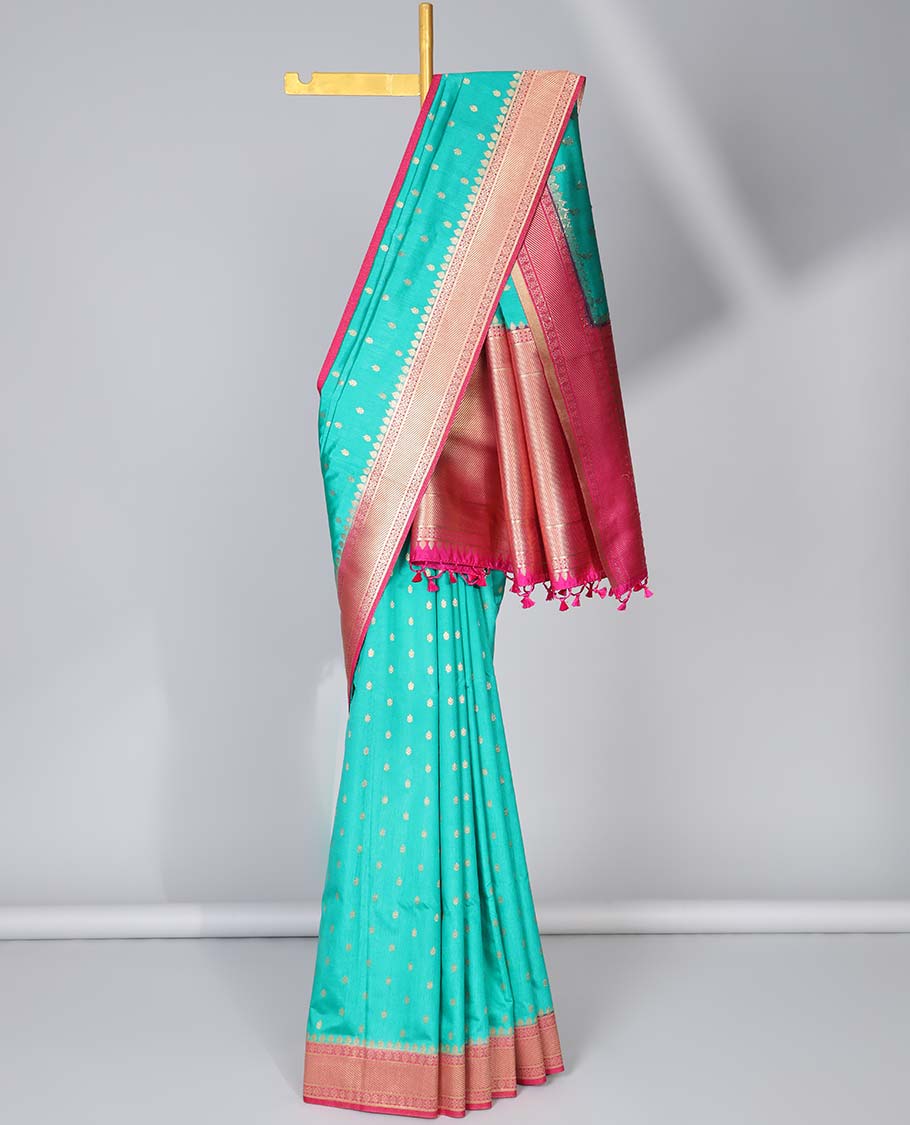 Green zari buttas semi-banaras dola silk saree, contrast traditional border & pallu of stripes