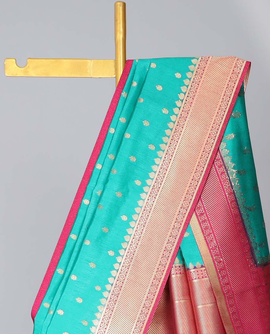 Green zari buttas semi-banaras dola silk saree, contrast traditional border & pallu of stripes