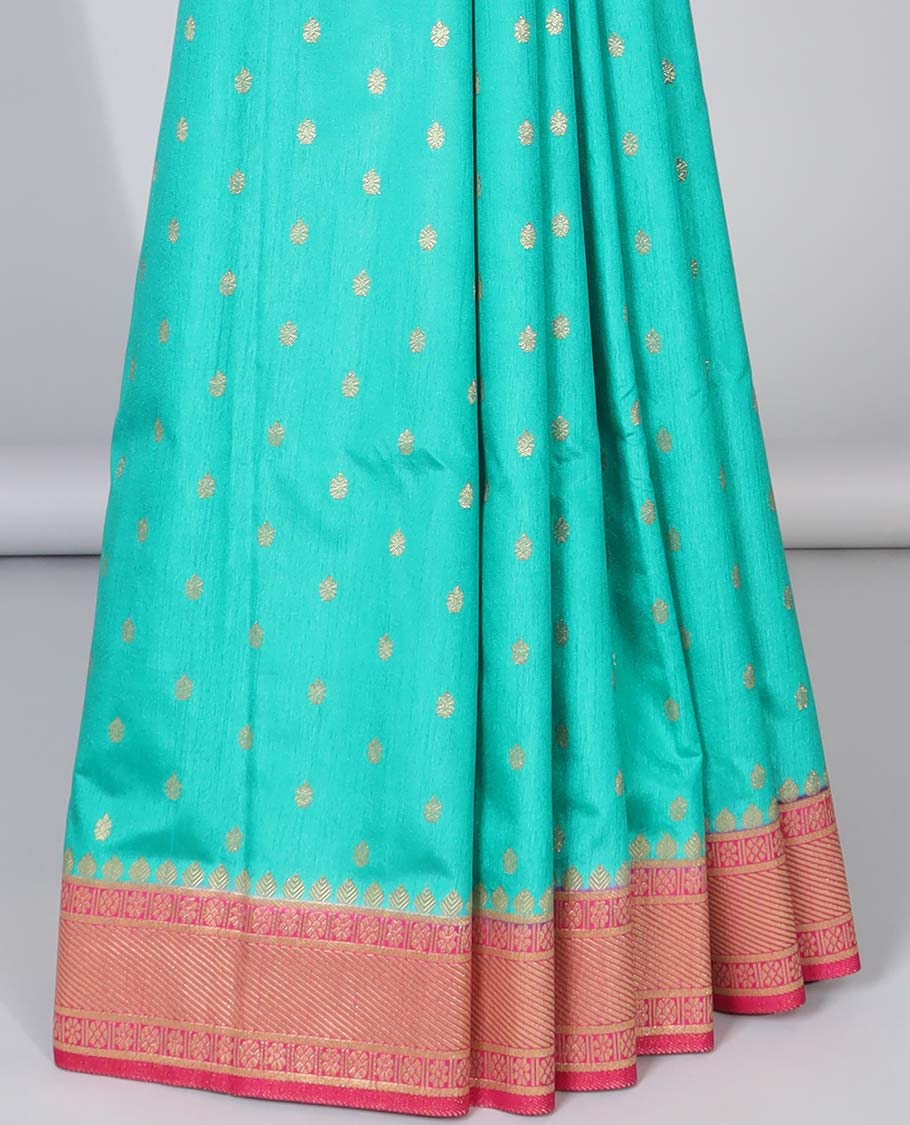 Green zari buttas semi-banaras dola silk saree, contrast traditional border & pallu of stripes