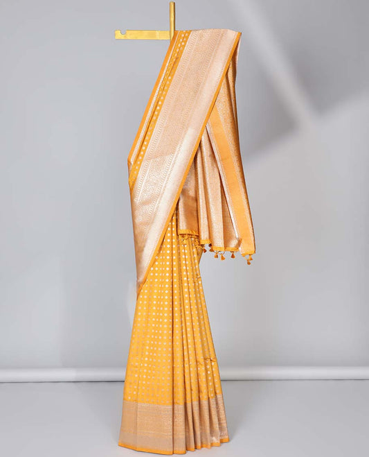 Yellow semi-banaras dola silk saree with buttas, traditional design border & pallu of intricate designs