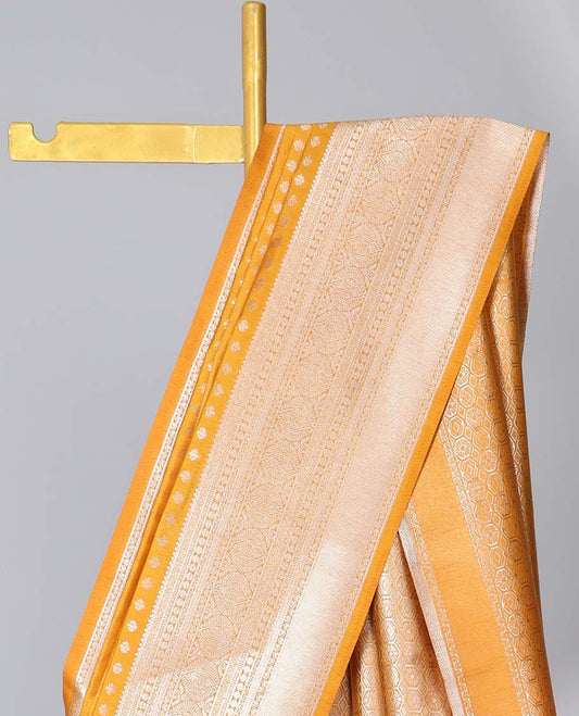 Yellow semi-banaras dola silk saree with buttas, traditional design border & pallu of intricate designs
