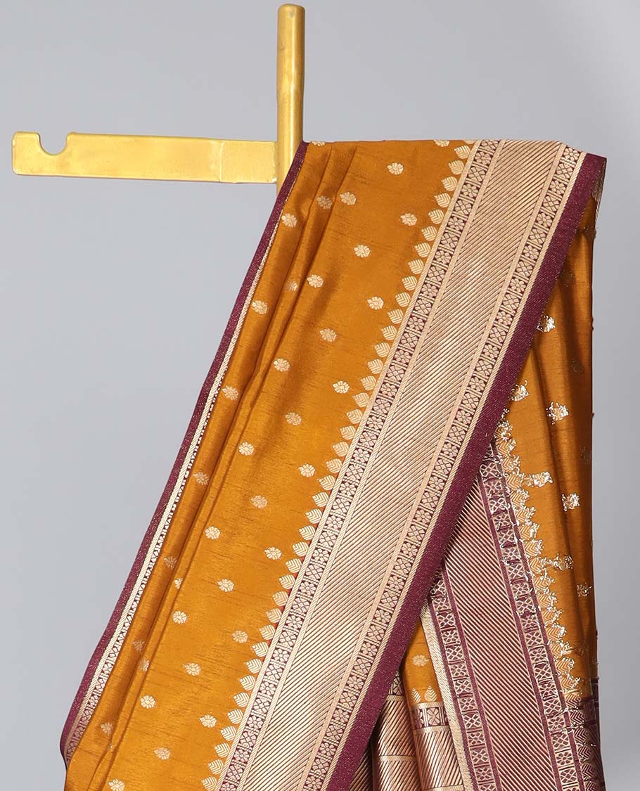 Orange zari buttas semi-banaras dola silk saree, contrast traditional border & pallu of stripes