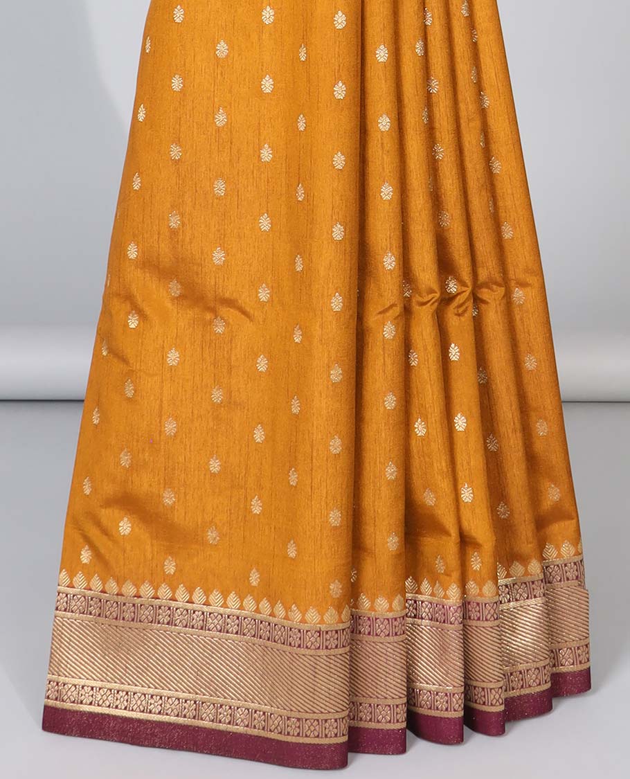 Orange zari buttas semi-banaras dola silk saree, contrast traditional border & pallu of stripes