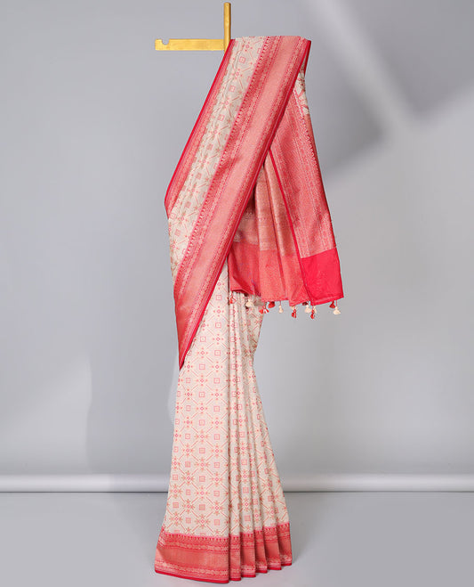 Cream patola-style designed semi-banaras tissue saree, contrast traditional zari border & intricate pallu