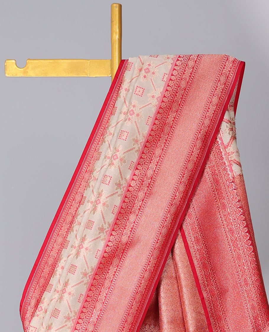 Cream patola-style designed semi-banaras tissue saree, contrast traditional zari border & intricate pallu
