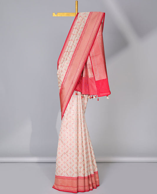Cream ogee design semi-banaras tissue saree, contrast traditional zari border & intricate pallu