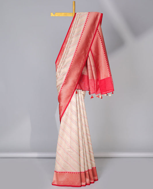 Cream diagonal striped semi-banaras tissue saree, contrast traditional zari border & intricate pallu