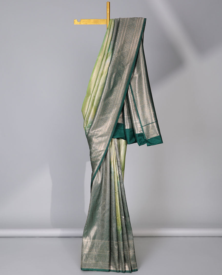 Green abstract-style fancy soft silk saree, contrast traditional zari design border & ogee patterned pallu