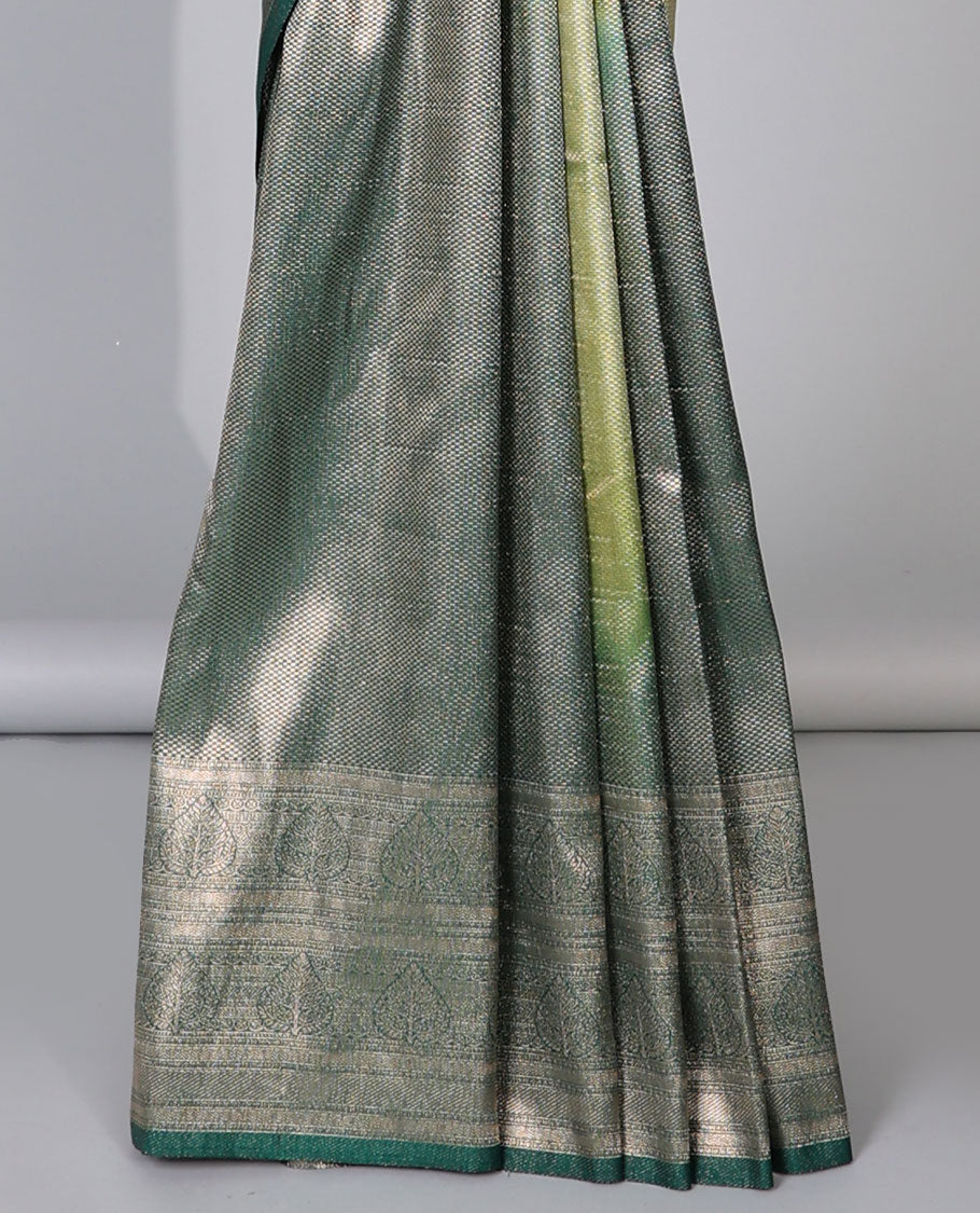 Green abstract-style fancy soft silk saree, contrast traditional zari design border & ogee patterned pallu
