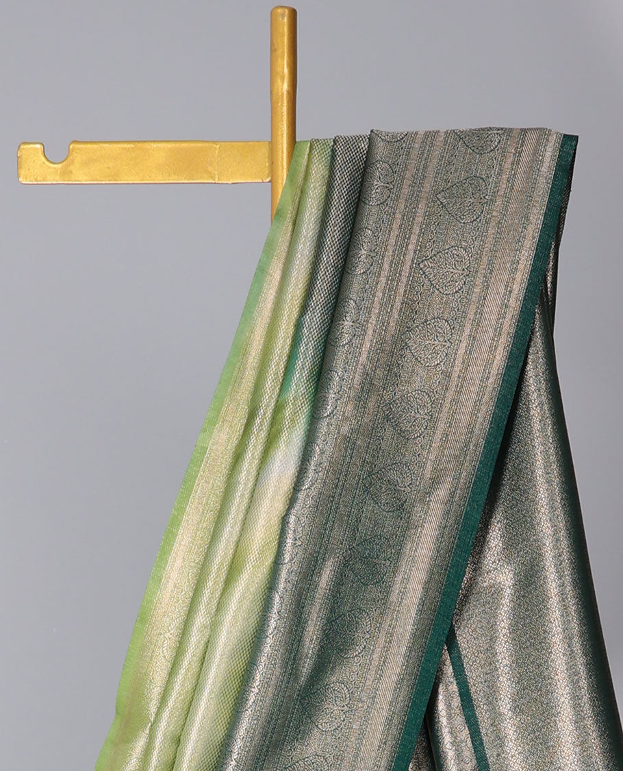 Green abstract-style fancy soft silk saree, contrast traditional zari design border & ogee patterned pallu