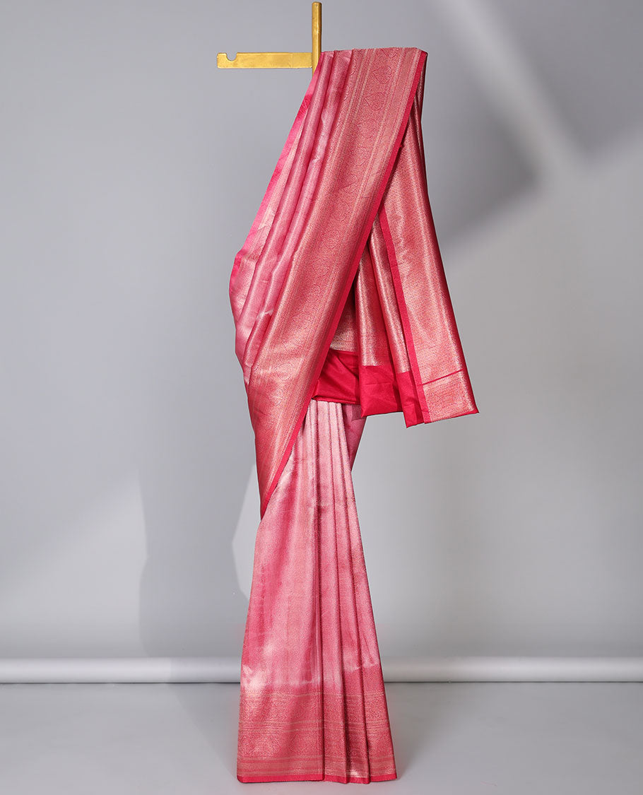 Pink abstract-style fancy soft silk saree, contrast traditional zari design border & ogee patterned pallu