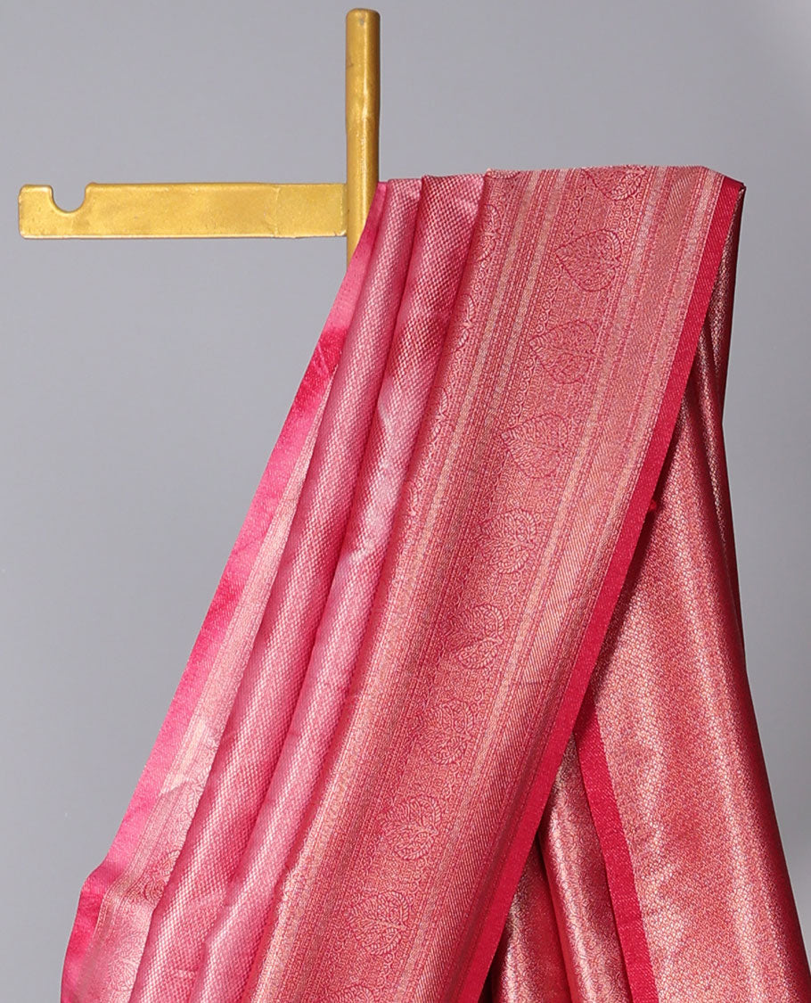 Pink abstract-style fancy soft silk saree, contrast traditional zari design border & ogee patterned pallu